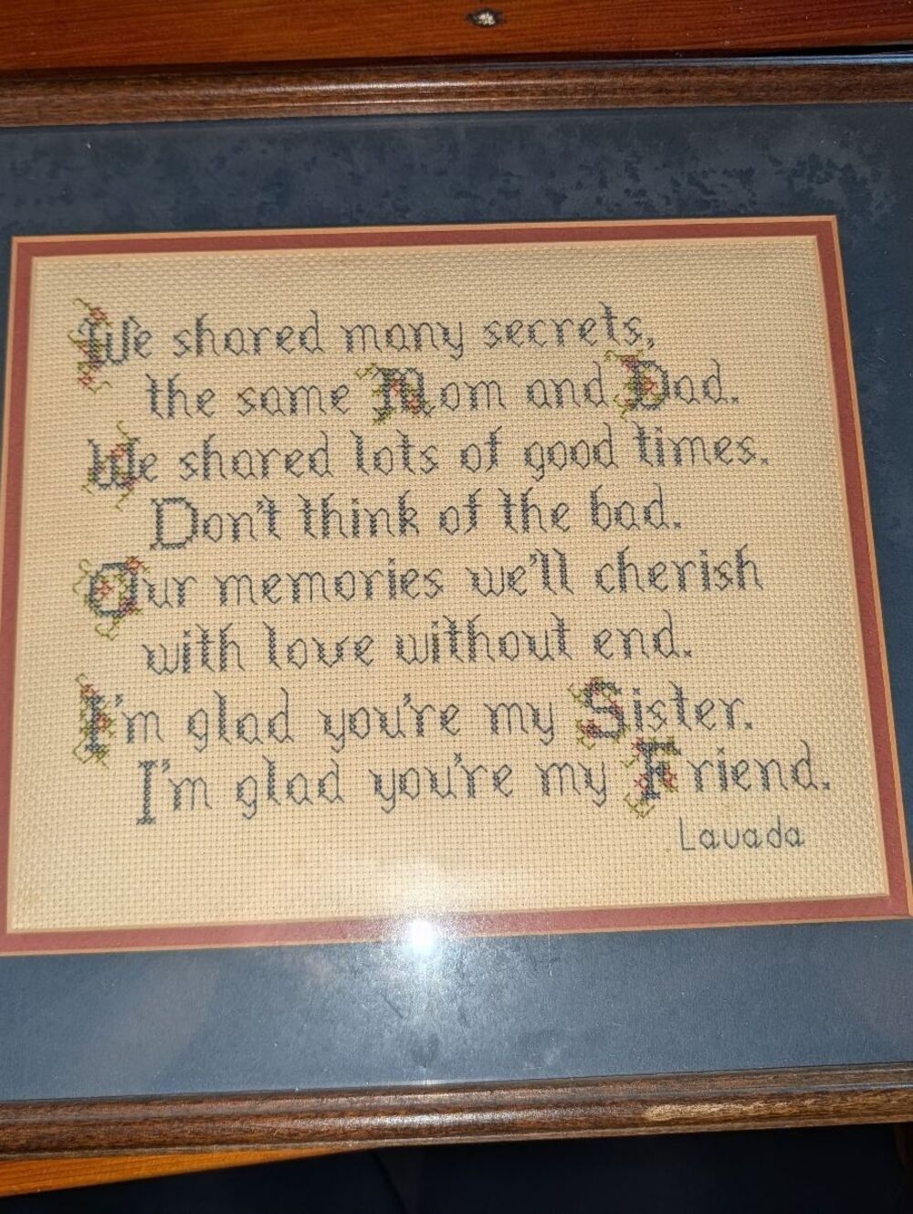 Framed Lavada Cross Stitch Wall Art with Sentimental Poem